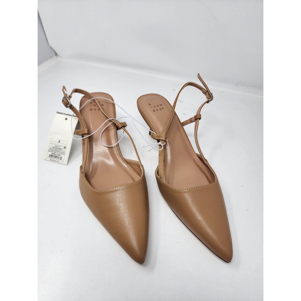 A New Day Womens Kitten Heel Slingback Pumps Tan Faux Leather Size 8
